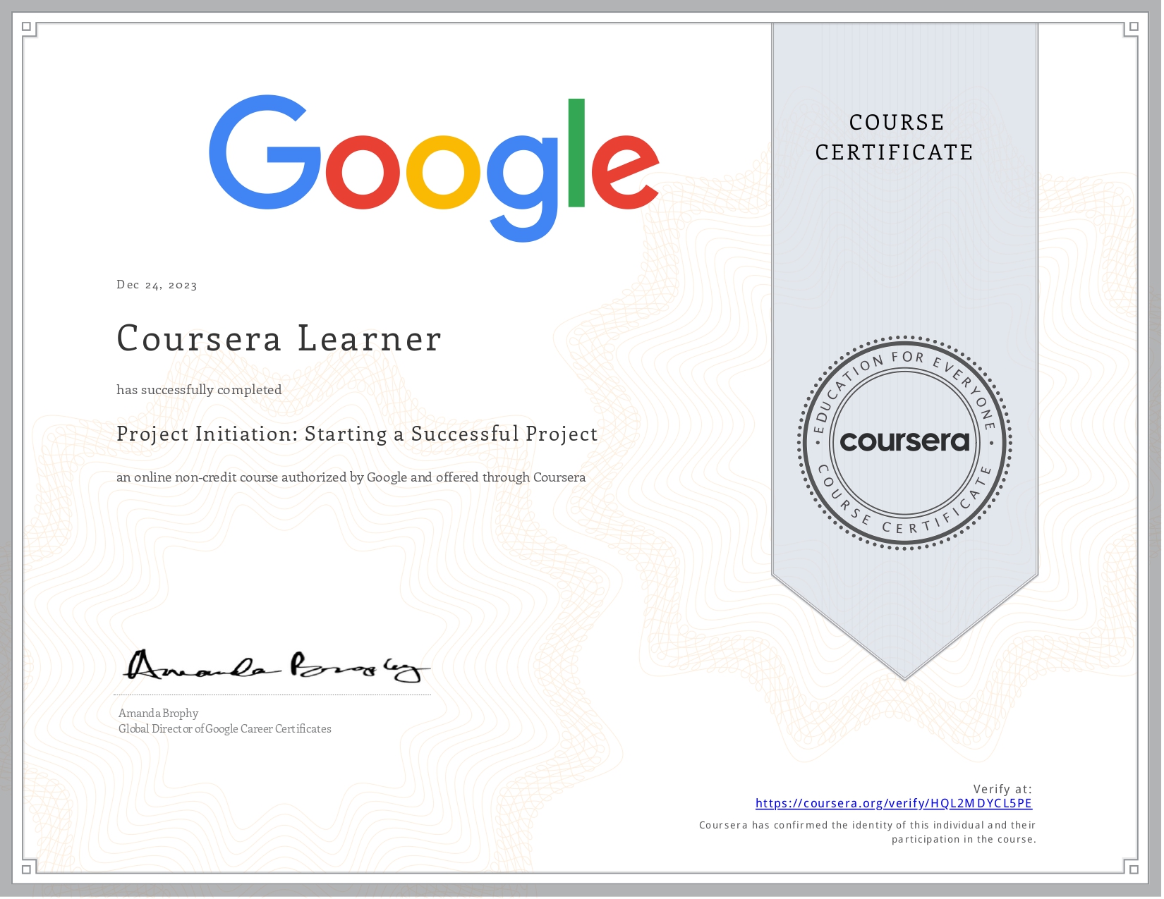 Project Initiation: Starting a Successful Project certificate